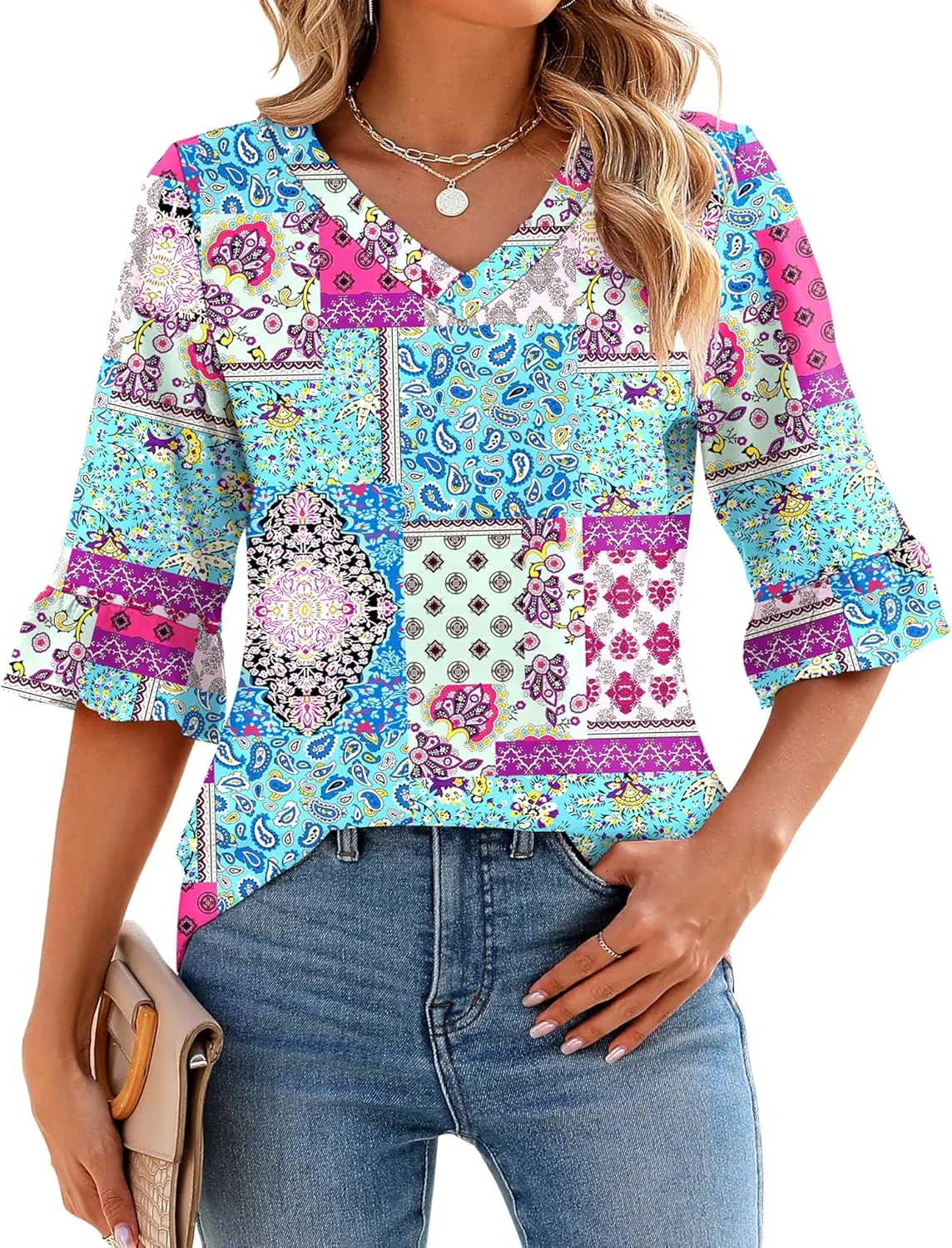 LOMON 3/4 Length Sleeve Womens Tops Summer V-Neck Blouses Spring Ruffle Sleeve Tunic T-Shirts Dressy Casual