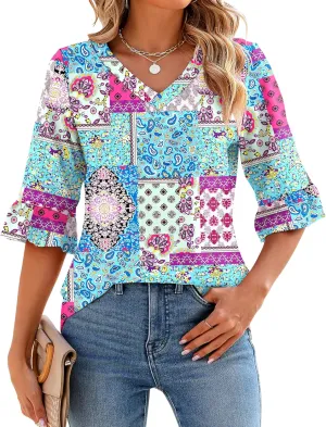 LOMON 3/4 Length Sleeve Womens Tops Summer V-Neck Blouses Spring Ruffle Sleeve Tunic T-Shirts Dressy Casual