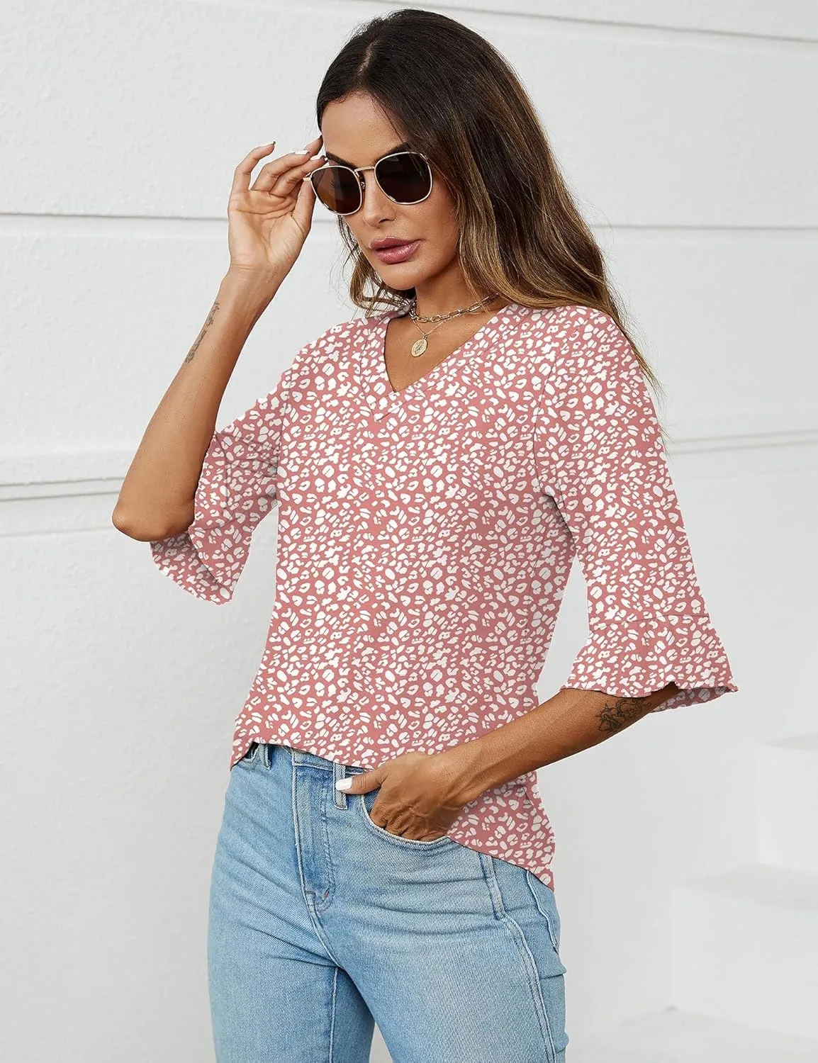 LOMON 3/4 Length Sleeve Womens Tops Summer V-Neck Blouses Spring Ruffle Sleeve Tunic T-Shirts Dressy Casual