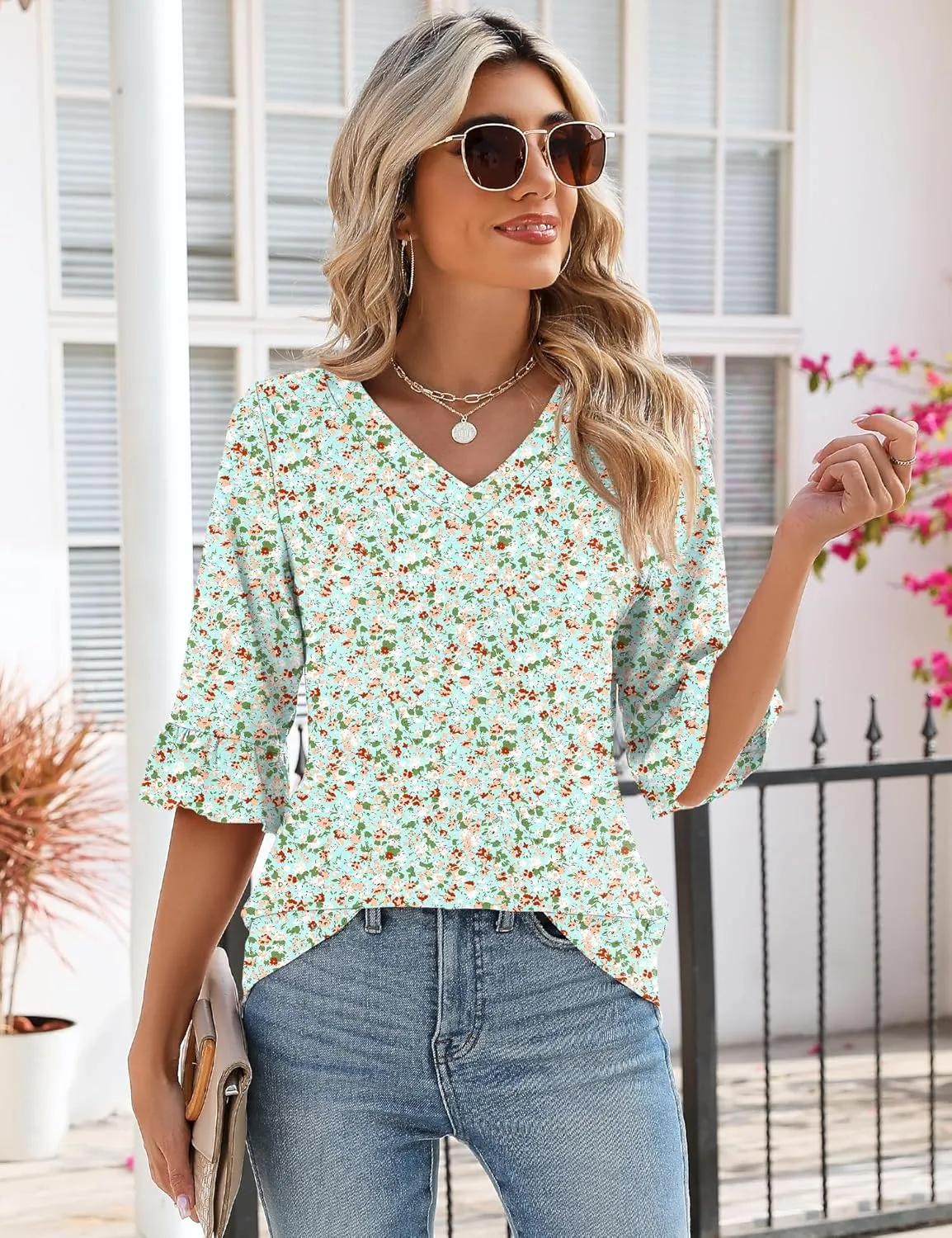 LOMON 3/4 Length Sleeve Womens Tops Summer V-Neck Blouses Spring Ruffle Sleeve Tunic T-Shirts Dressy Casual