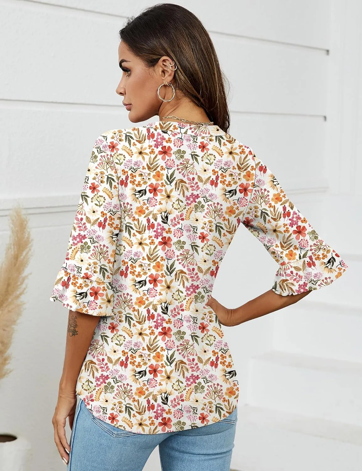LOMON 3/4 Length Sleeve Womens Tops Summer V-Neck Blouses Spring Ruffle Sleeve Tunic T-Shirts Dressy Casual