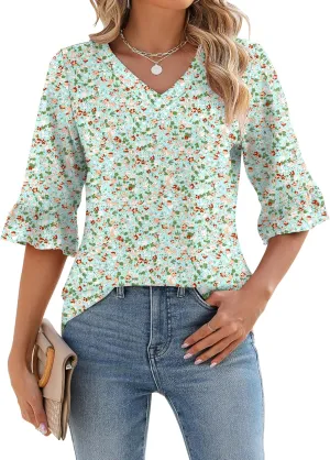 LOMON 3/4 Length Sleeve Womens Tops Summer V-Neck Blouses Spring Ruffle Sleeve Tunic T-Shirts Dressy Casual