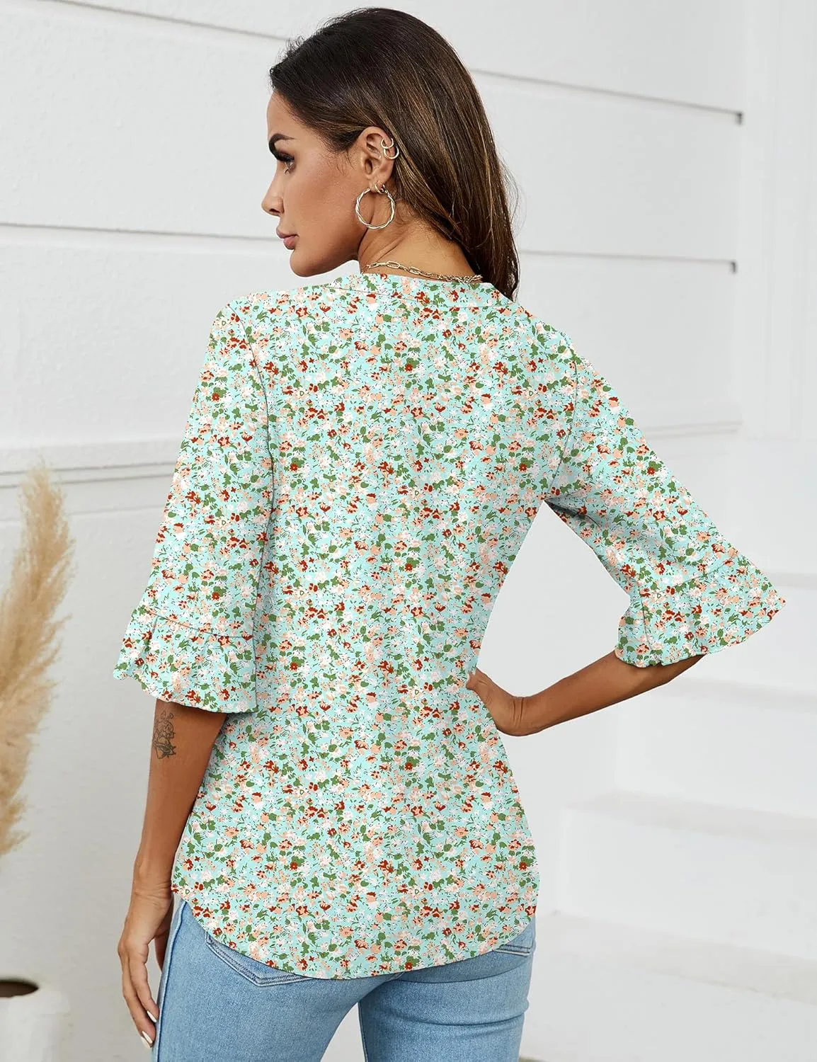 LOMON 3/4 Length Sleeve Womens Tops Summer V-Neck Blouses Spring Ruffle Sleeve Tunic T-Shirts Dressy Casual