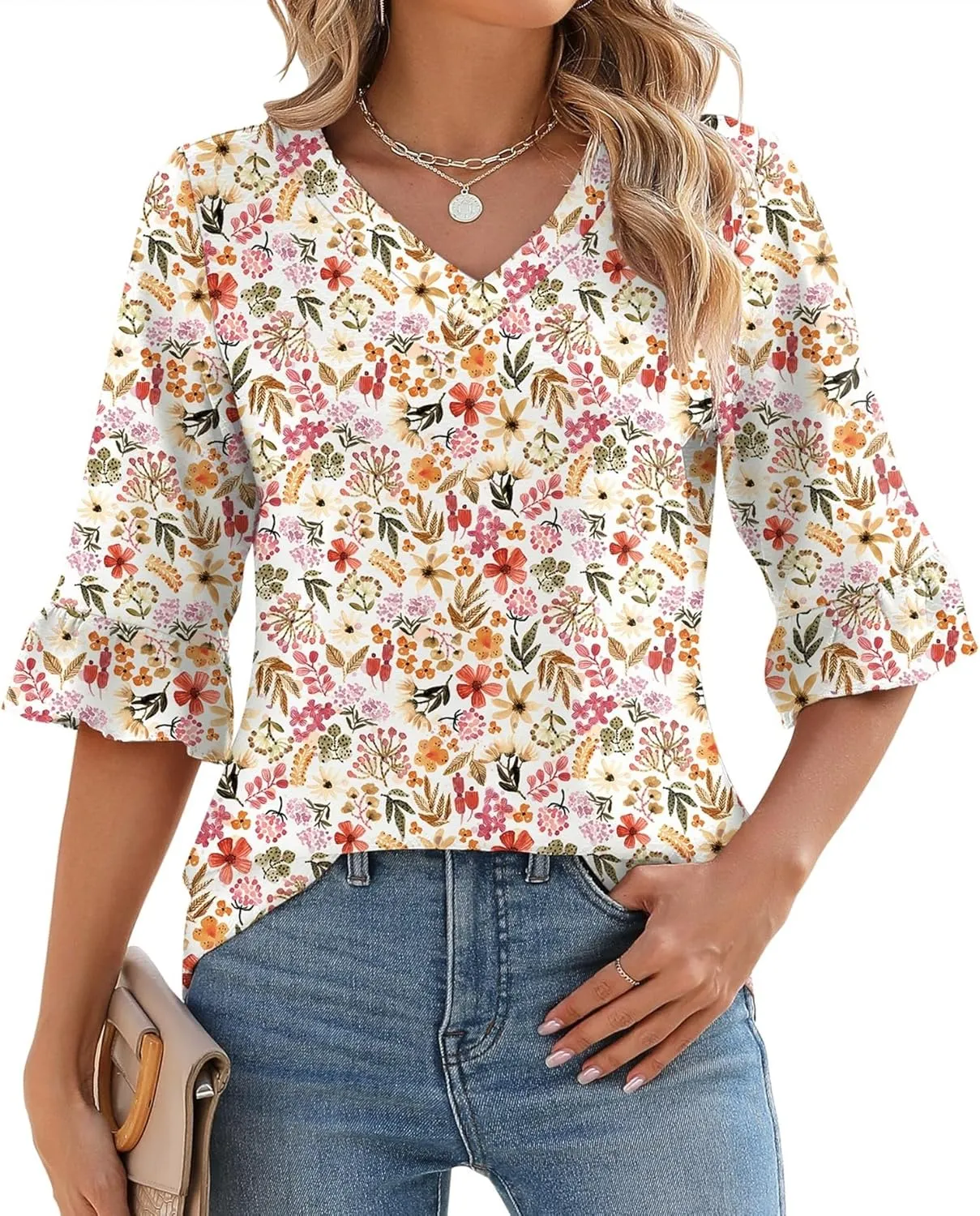 LOMON 3/4 Length Sleeve Womens Tops Summer V-Neck Blouses Spring Ruffle Sleeve Tunic T-Shirts Dressy Casual