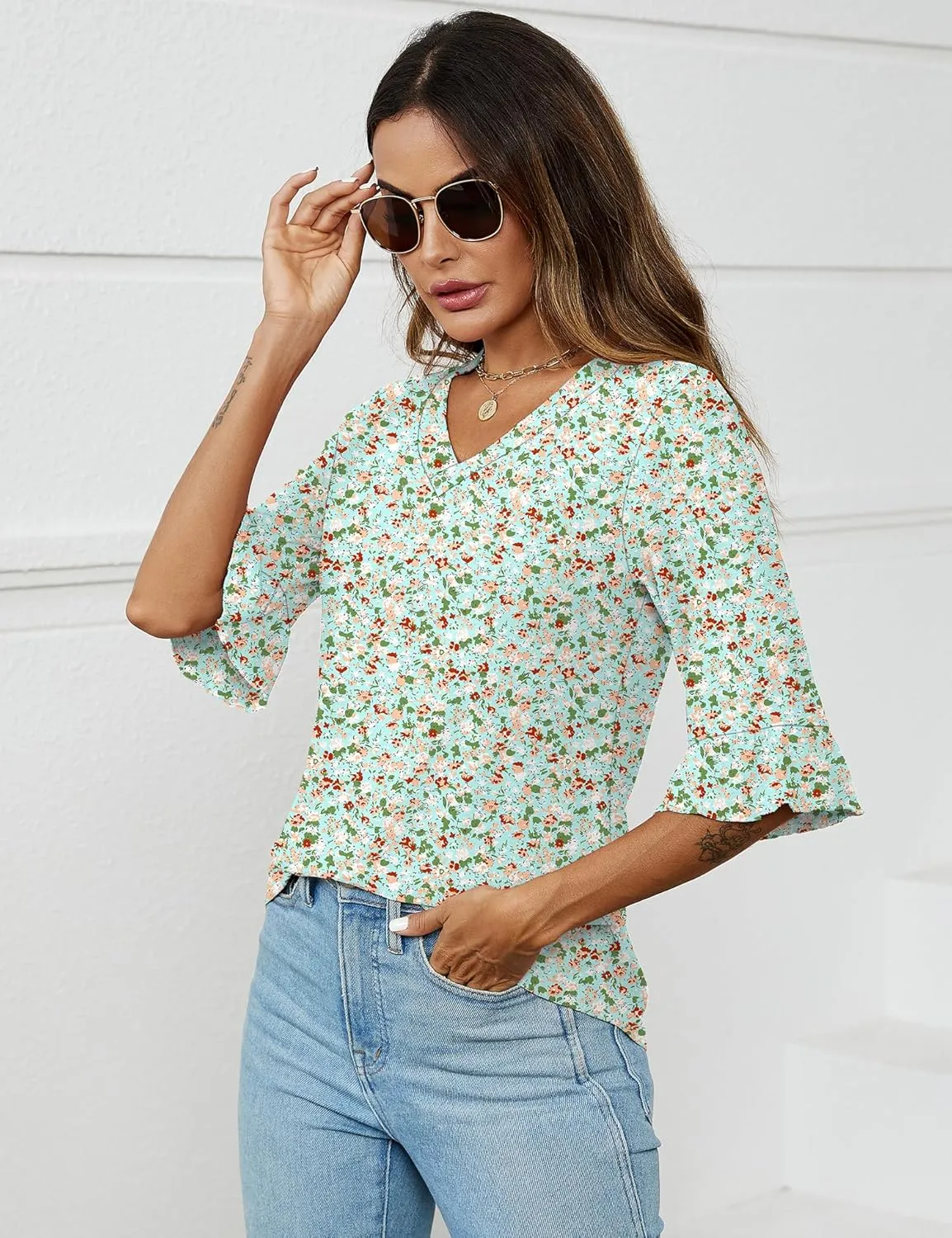 LOMON 3/4 Length Sleeve Womens Tops Summer V-Neck Blouses Spring Ruffle Sleeve Tunic T-Shirts Dressy Casual