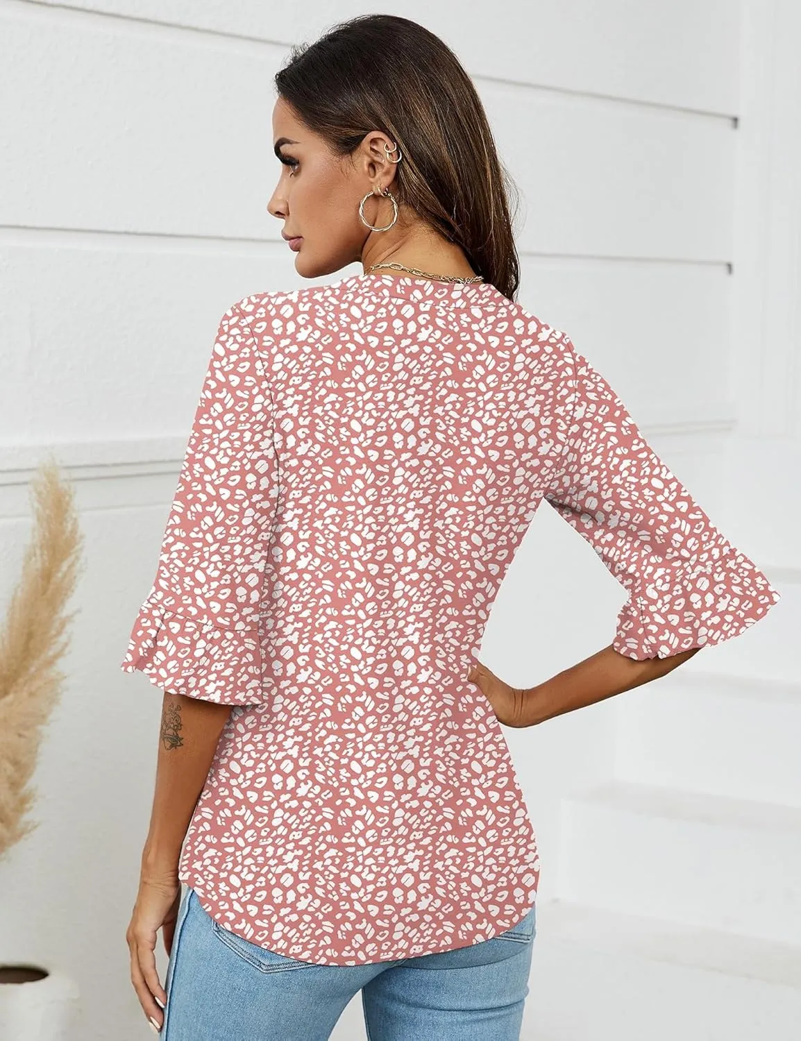 LOMON 3/4 Length Sleeve Womens Tops Summer V-Neck Blouses Spring Ruffle Sleeve Tunic T-Shirts Dressy Casual