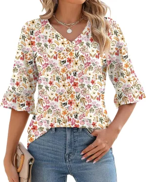 LOMON 3/4 Length Sleeve Womens Tops Summer V-Neck Blouses Spring Ruffle Sleeve Tunic T-Shirts Dressy Casual