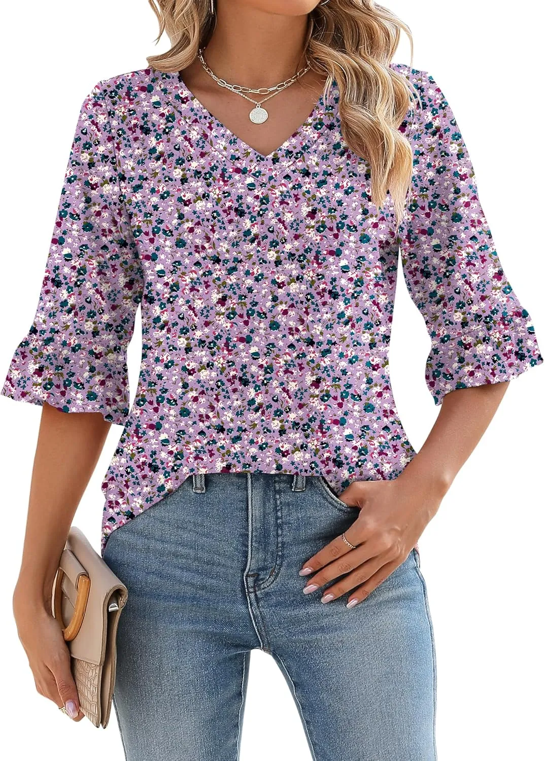 LOMON 3/4 Length Sleeve Womens Tops Summer V-Neck Blouses Spring Ruffle Sleeve Tunic T-Shirts Dressy Casual