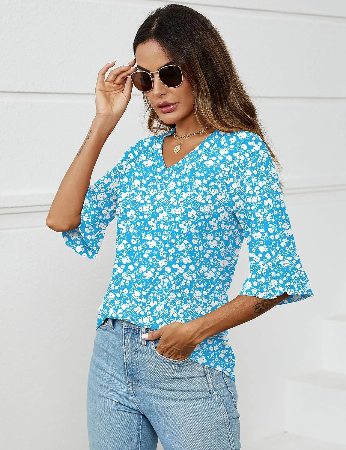 LOMON 3/4 Length Sleeve Womens Tops Summer V-Neck Blouses Spring Ruffle Sleeve Tunic T-Shirts Dressy Casual