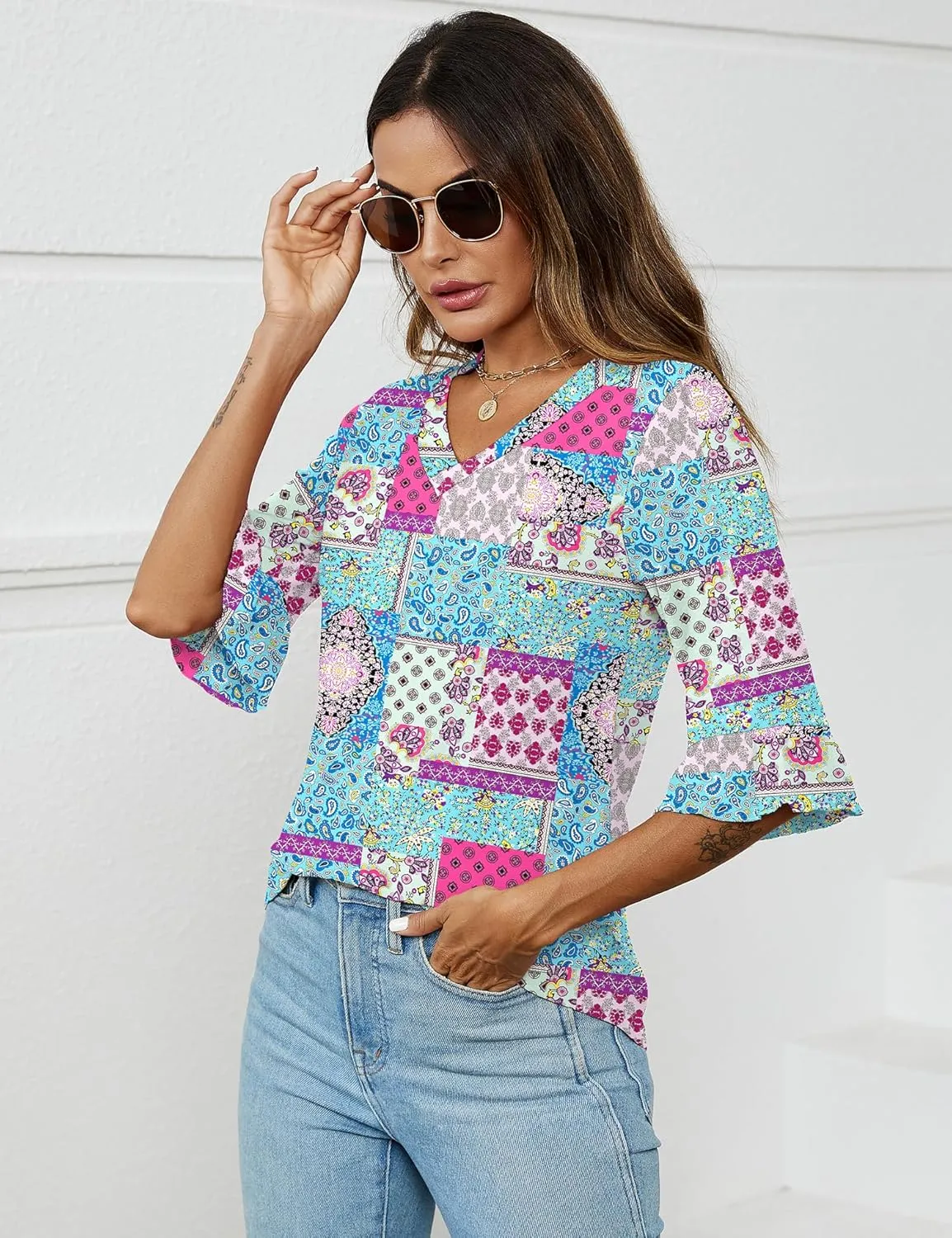 LOMON 3/4 Length Sleeve Womens Tops Summer V-Neck Blouses Spring Ruffle Sleeve Tunic T-Shirts Dressy Casual