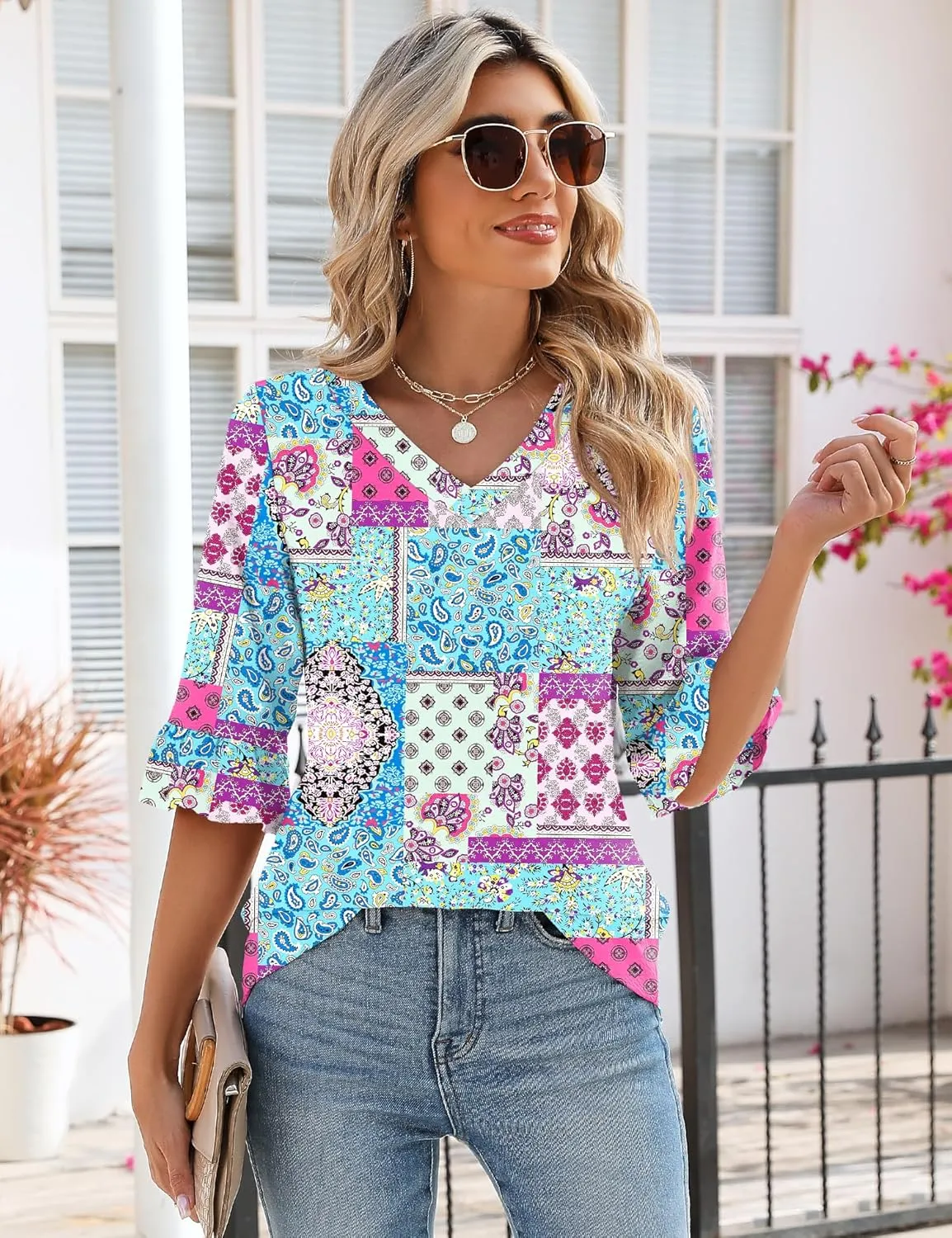 LOMON 3/4 Length Sleeve Womens Tops Summer V-Neck Blouses Spring Ruffle Sleeve Tunic T-Shirts Dressy Casual