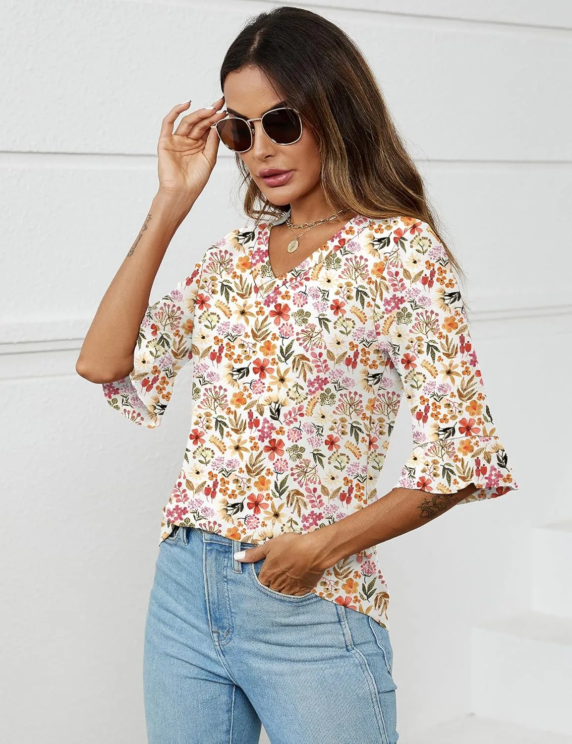 LOMON 3/4 Length Sleeve Womens Tops Summer V-Neck Blouses Spring Ruffle Sleeve Tunic T-Shirts Dressy Casual
