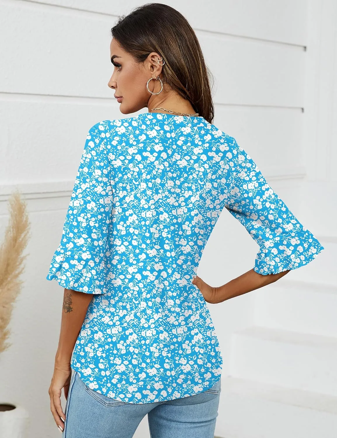 LOMON 3/4 Length Sleeve Womens Tops Summer V-Neck Blouses Spring Ruffle Sleeve Tunic T-Shirts Dressy Casual