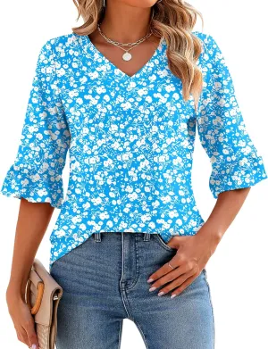 LOMON 3/4 Length Sleeve Womens Tops Summer V-Neck Blouses Spring Ruffle Sleeve Tunic T-Shirts Dressy Casual