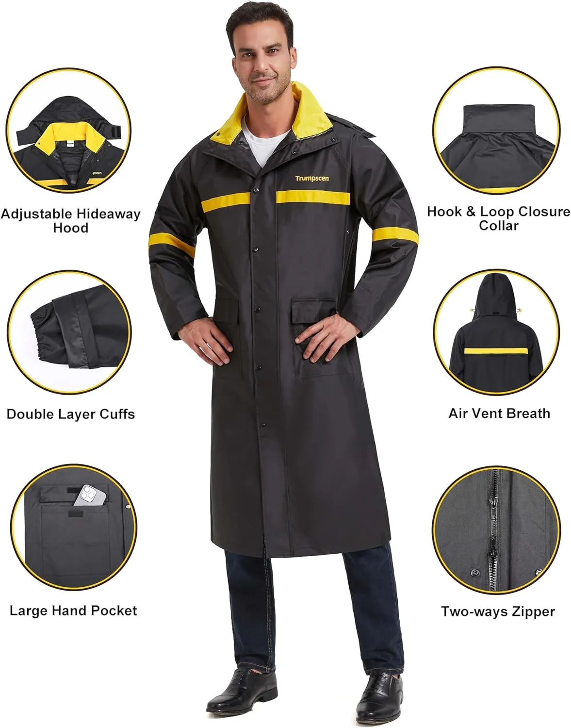 Long Raincoats Black Waterproof Hooded Rain Jacket Breathable Packable Poncho for Men Outdoor Activities and Work