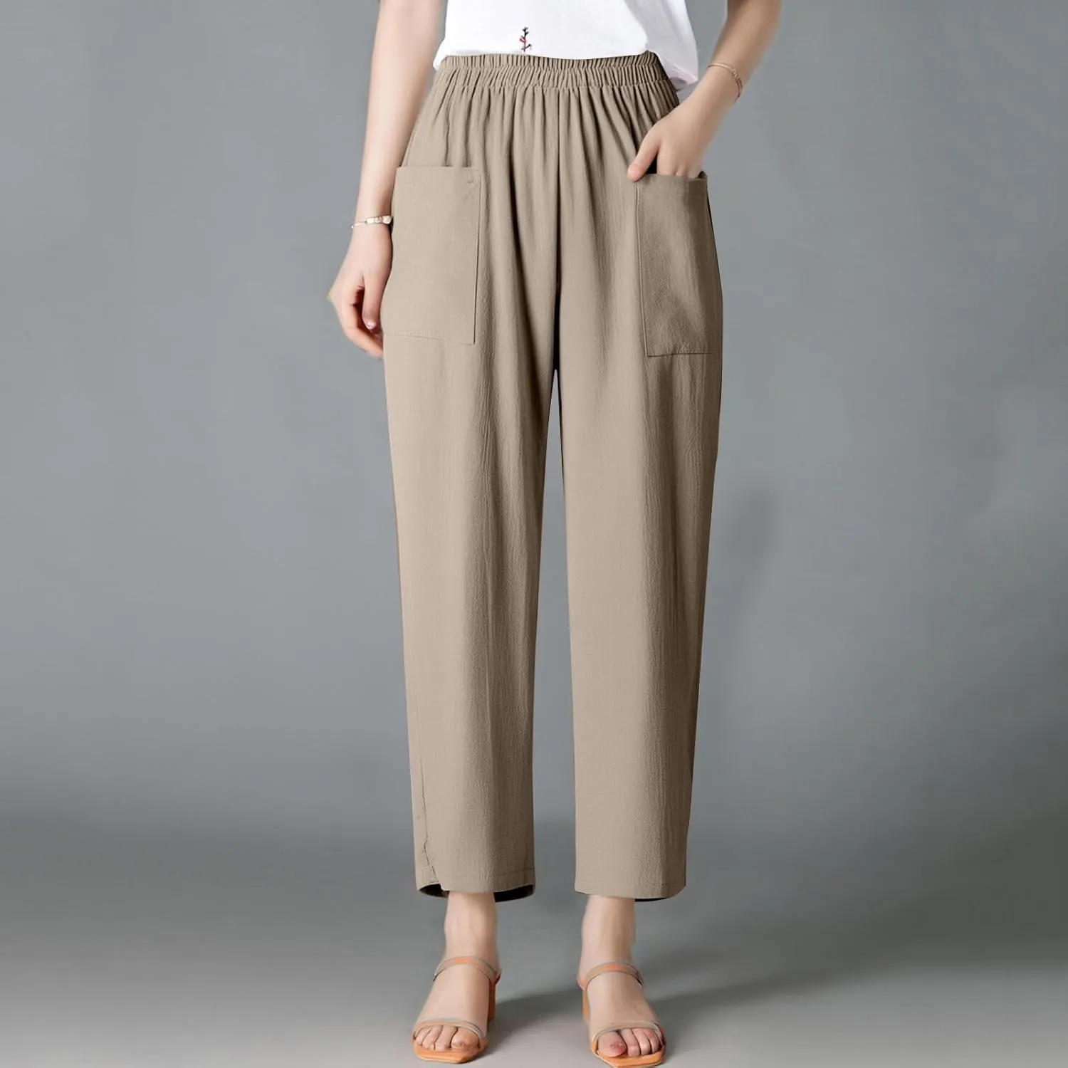 Loose Linen Pants for Women Summer High Waisted Wide Legged Pants Palazzo Pant Travel Trouser Pant with Pockets