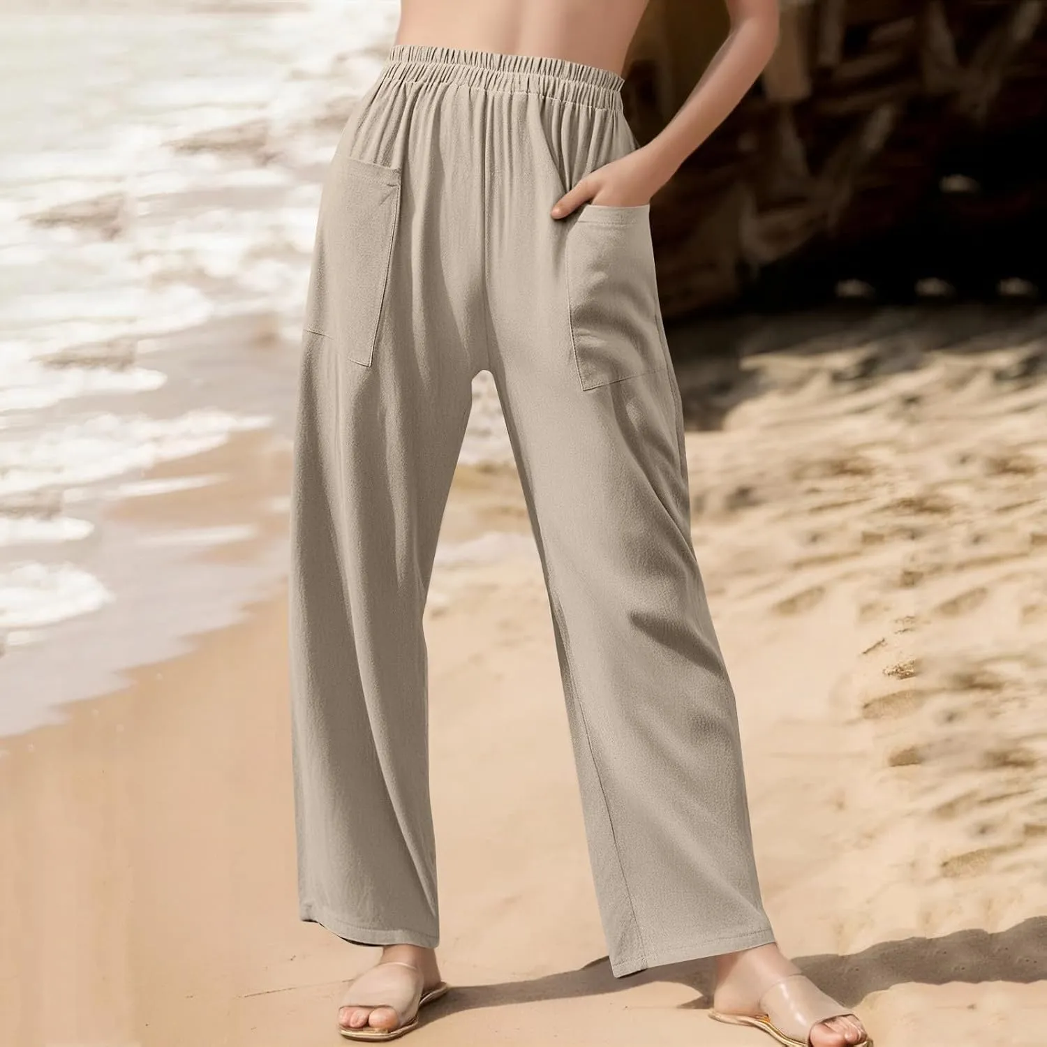 Loose Linen Pants for Women Summer High Waisted Wide Legged Pants Palazzo Pant Travel Trouser Pant with Pockets
