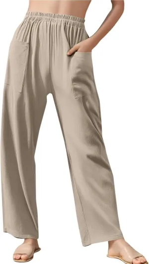 Loose Linen Pants for Women Summer High Waisted Wide Legged Pants Palazzo Pant Travel Trouser Pant with Pockets