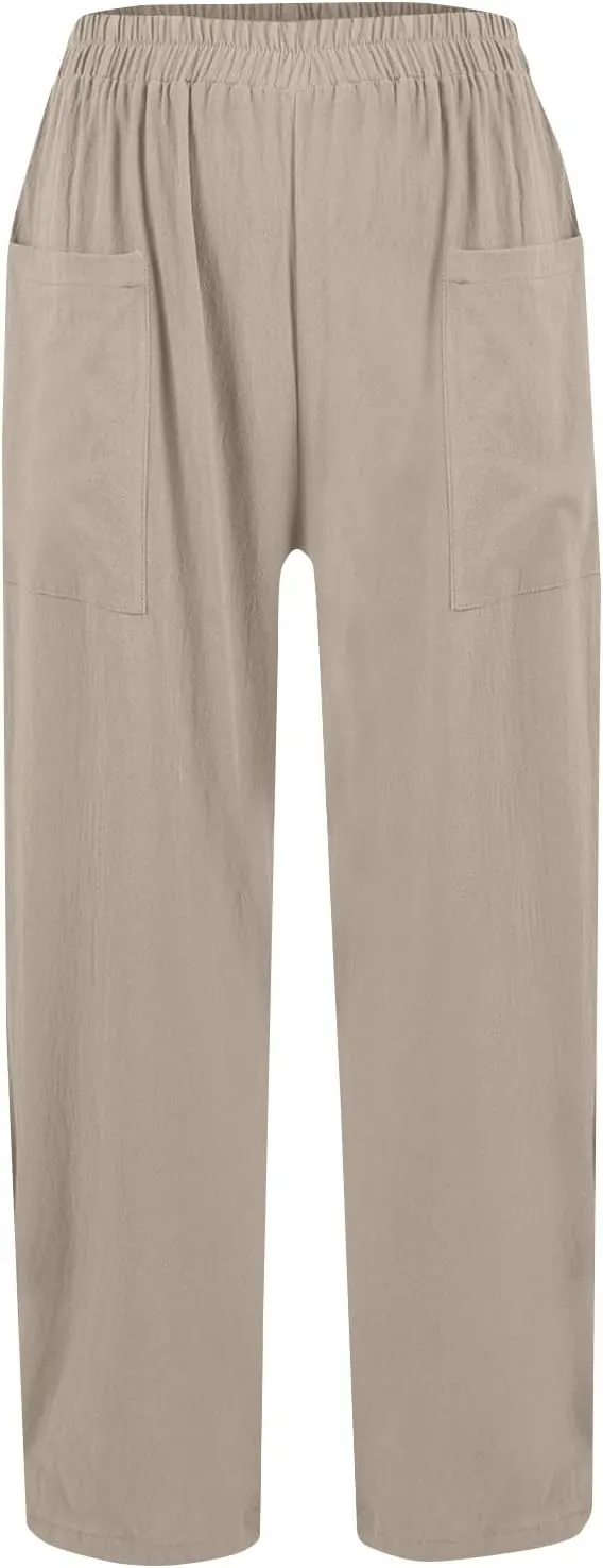 Loose Linen Pants for Women Summer High Waisted Wide Legged Pants Palazzo Pant Travel Trouser Pant with Pockets