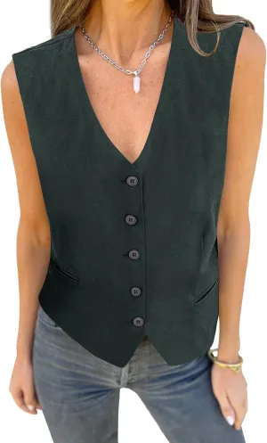 luvamia Womens Vests Linen Fashion Dressy Casual Lightweight Button Down Sleeveless Blazer Lined Work Waistcoat Vest Top
