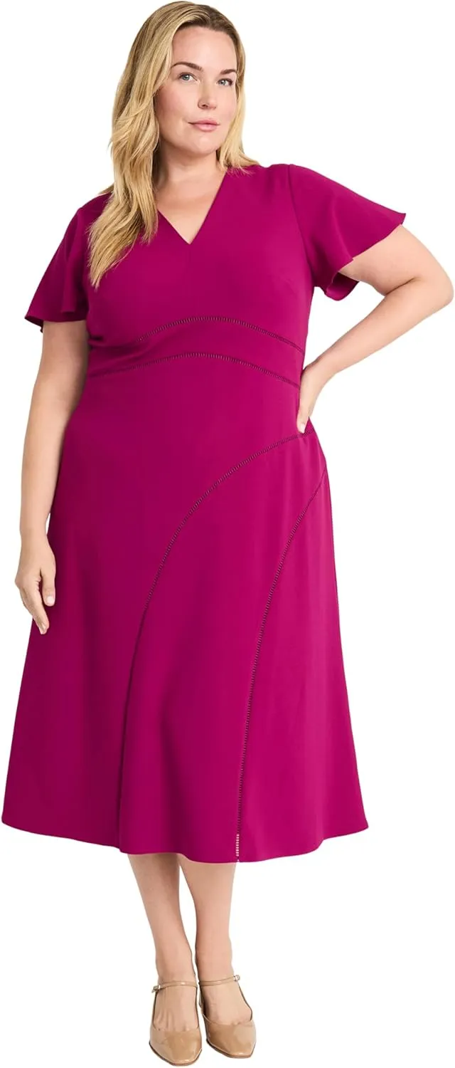 Maggy London Women's Elegant Midi Flutter Sleeves-V-Neck A-line Silhouette-Versatile Cocktail Dress
