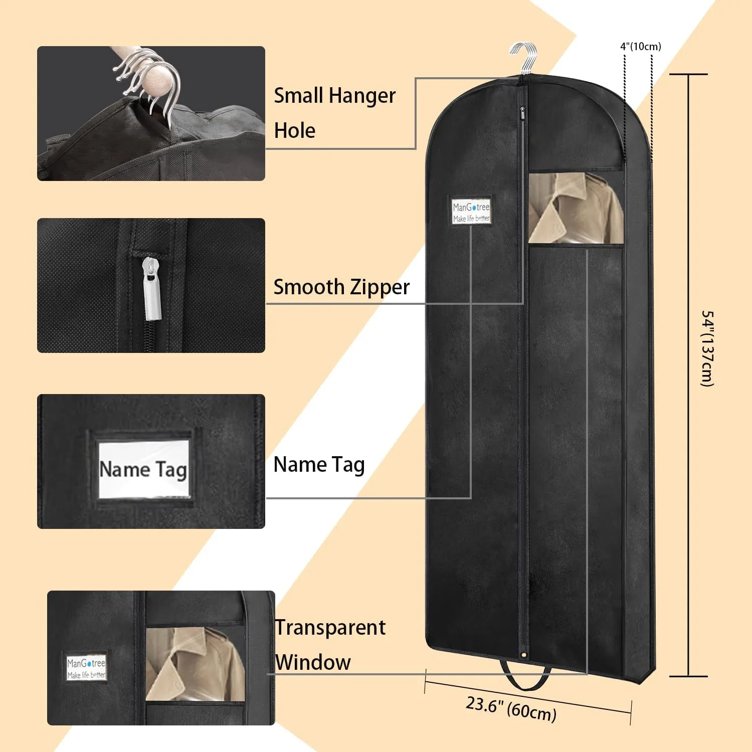 ManGotree 54" Garment Bags, Suit Bags for Closet Storage and Travel, Portable Garment Covers With Handle, Nonwoven Breathable Clothing Storage Bags with Zipper for Suit, Coat, Dress, Set of 2