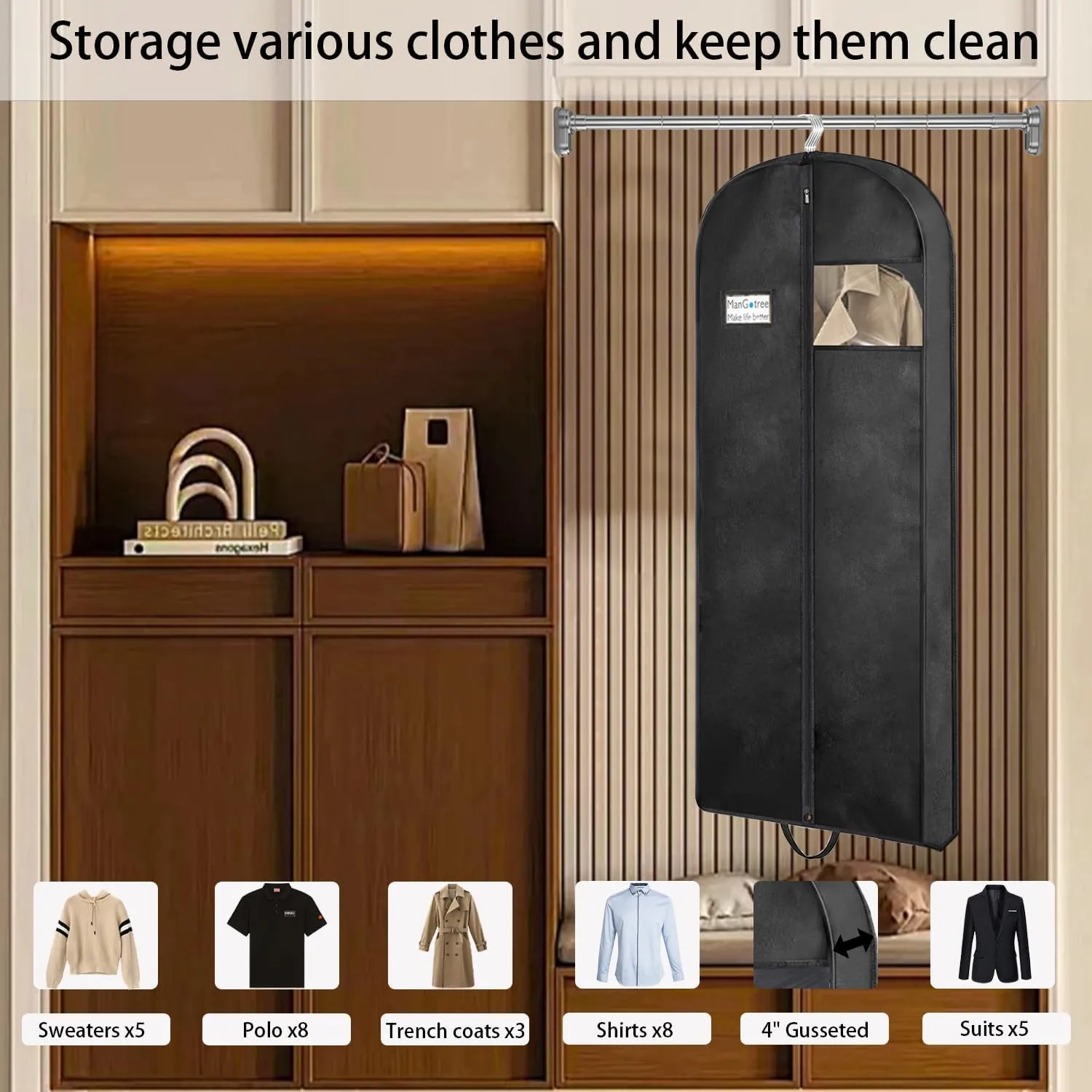 ManGotree 54" Garment Bags, Suit Bags for Closet Storage and Travel, Portable Garment Covers With Handle, Nonwoven Breathable Clothing Storage Bags with Zipper for Suit, Coat, Dress, Set of 2