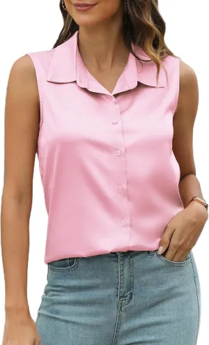 Mawor Womens Silk Satin Sleeveless Button Down Shirts Blouses Solid Casual Loose V Neck Classic Tank Tops for Work Office