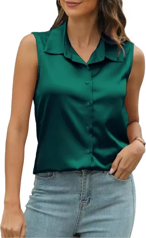 Mawor Womens Silk Satin Sleeveless Button Down Shirts Blouses Solid Casual Loose V Neck Classic Tank Tops for Work Office