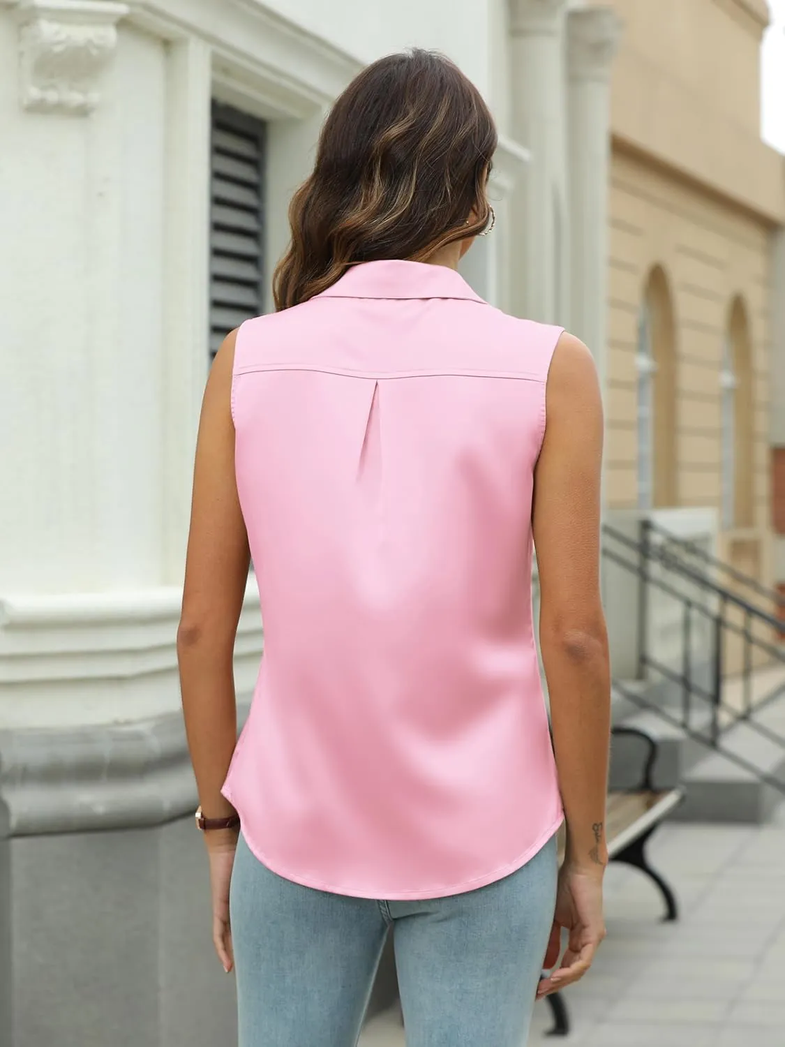 Mawor Womens Silk Satin Sleeveless Button Down Shirts Blouses Solid Casual Loose V Neck Classic Tank Tops for Work Office