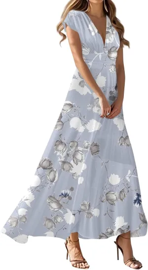 Maxi Dresses for Women 2025 Floral Deep V Neck Short Sleeve Long Dress Y2k Flowy Casual Summer Beach Vacation Dresses
