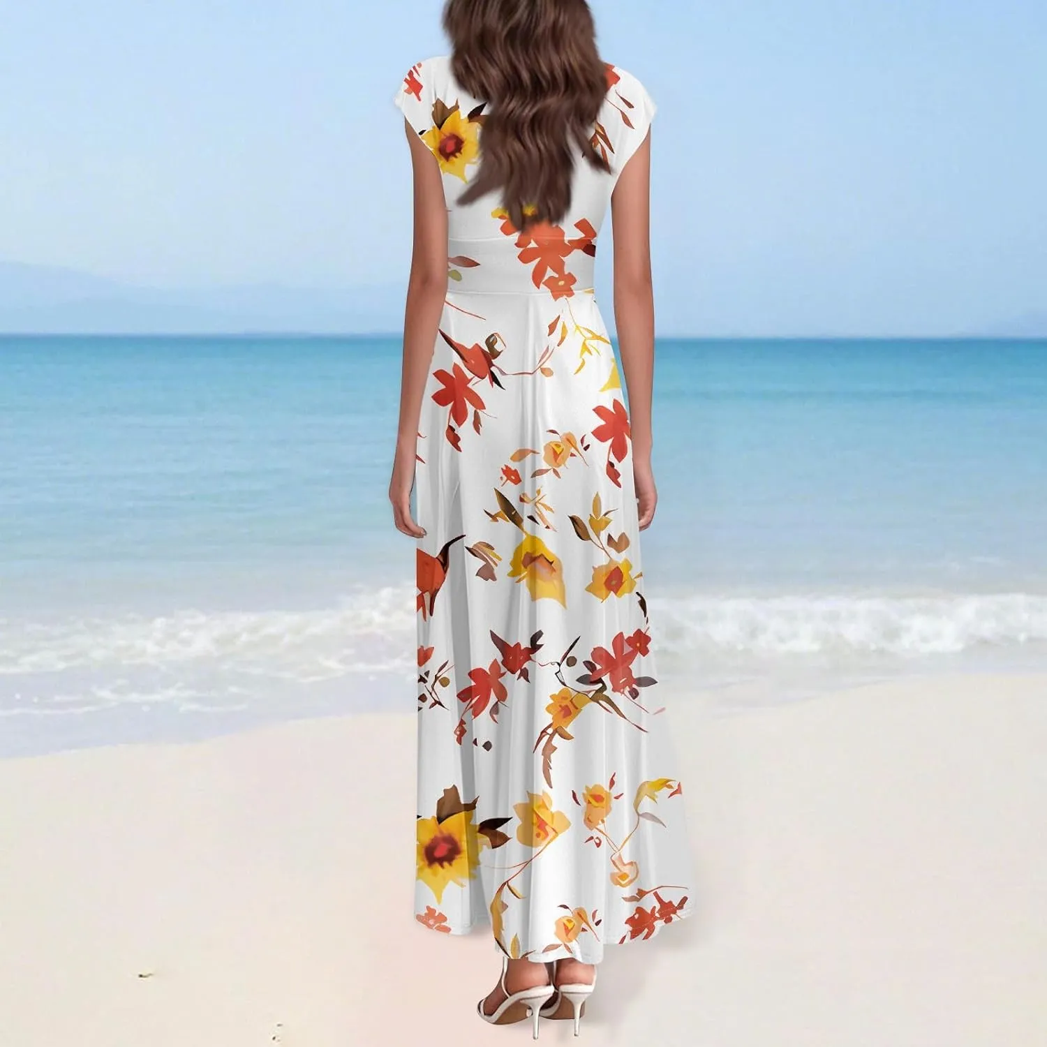 Maxi Dresses for Women 2025 Floral Deep V Neck Short Sleeve Long Dress Y2k Flowy Casual Summer Beach Vacation Dresses