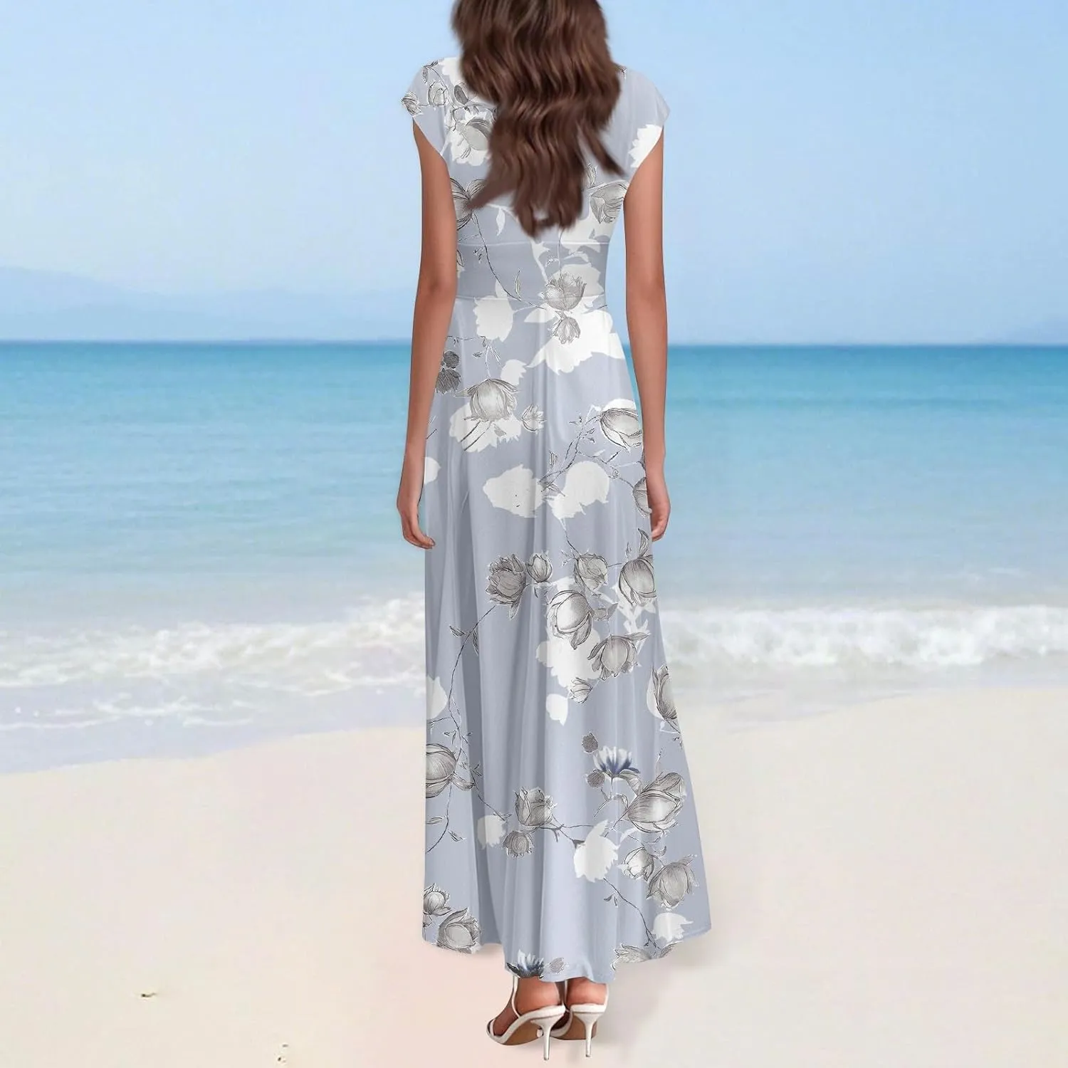 Maxi Dresses for Women 2025 Floral Deep V Neck Short Sleeve Long Dress Y2k Flowy Casual Summer Beach Vacation Dresses