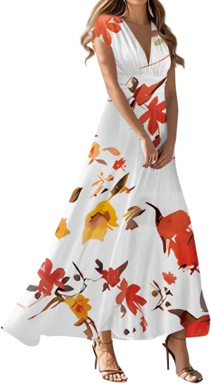 Maxi Dresses for Women 2025 Floral Deep V Neck Short Sleeve Long Dress Y2k Flowy Casual Summer Beach Vacation Dresses