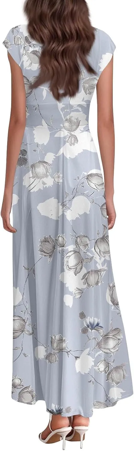 Maxi Dresses for Women 2025 Floral Deep V Neck Short Sleeve Long Dress Y2k Flowy Casual Summer Beach Vacation Dresses