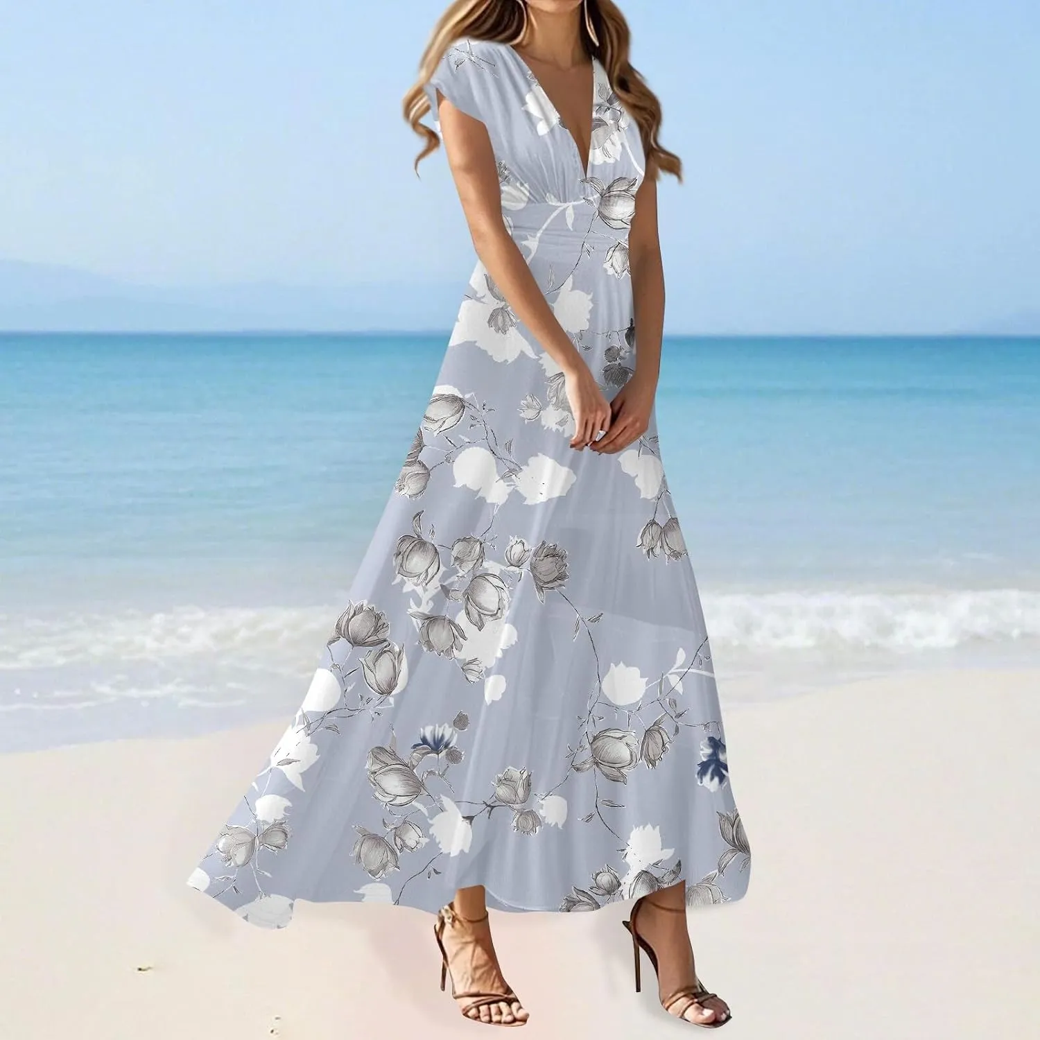 Maxi Dresses for Women 2025 Floral Deep V Neck Short Sleeve Long Dress Y2k Flowy Casual Summer Beach Vacation Dresses