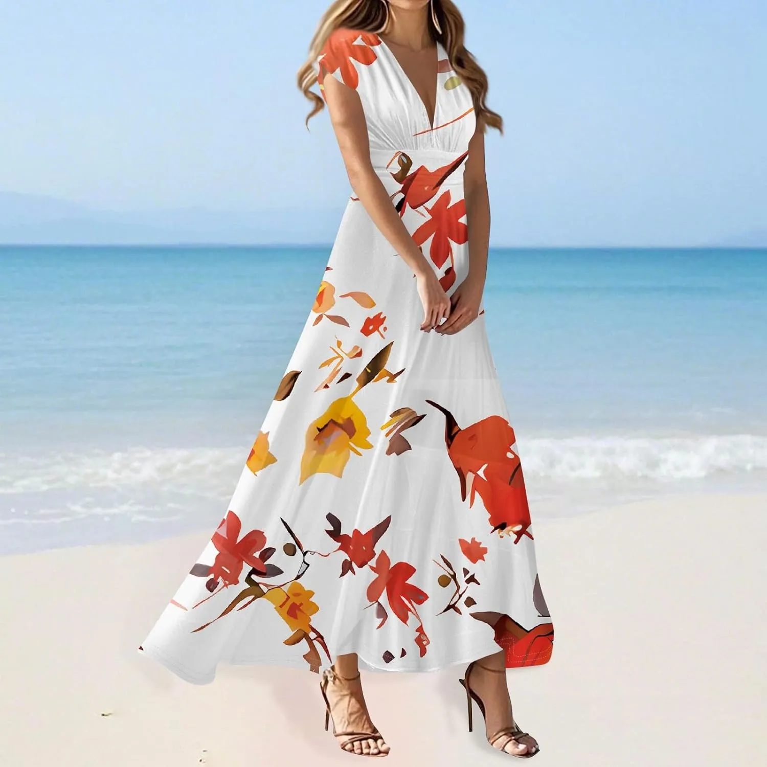 Maxi Dresses for Women 2025 Floral Deep V Neck Short Sleeve Long Dress Y2k Flowy Casual Summer Beach Vacation Dresses