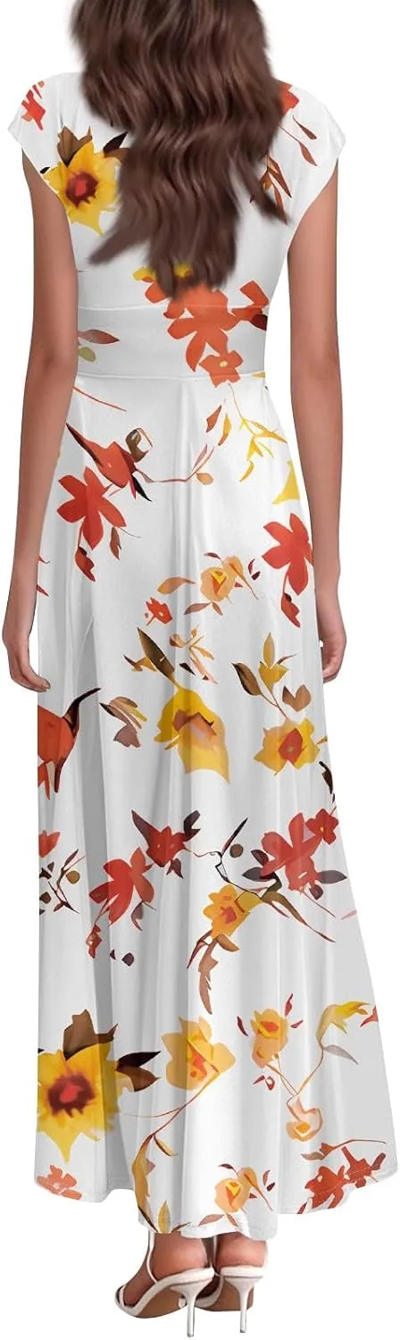 Maxi Dresses for Women 2025 Floral Deep V Neck Short Sleeve Long Dress Y2k Flowy Casual Summer Beach Vacation Dresses