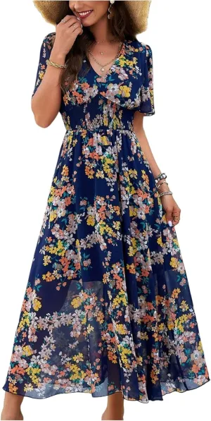 Maxi Dresses for Women 2025 Summer Floral V Neck Smocked Waist Wrap Dress Flowy Short Sleeve Casual Vacation Dresses