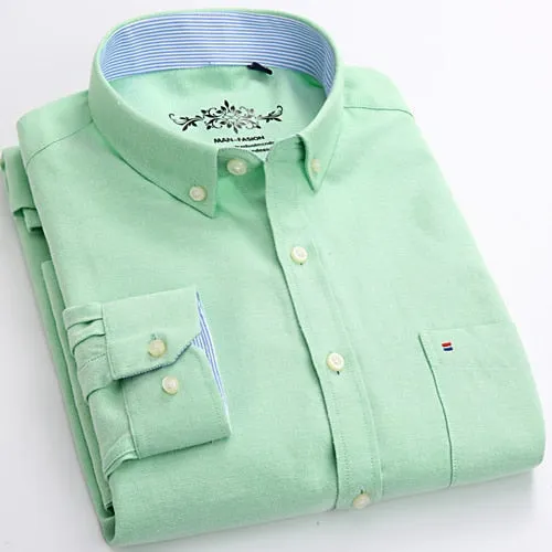 Men&#39;s Casual Regular-fit Long Sleeve Solid Oxford Shirts Single Patch Pocket Button Down Thick Plaid Checked/Striped Tops Shirt