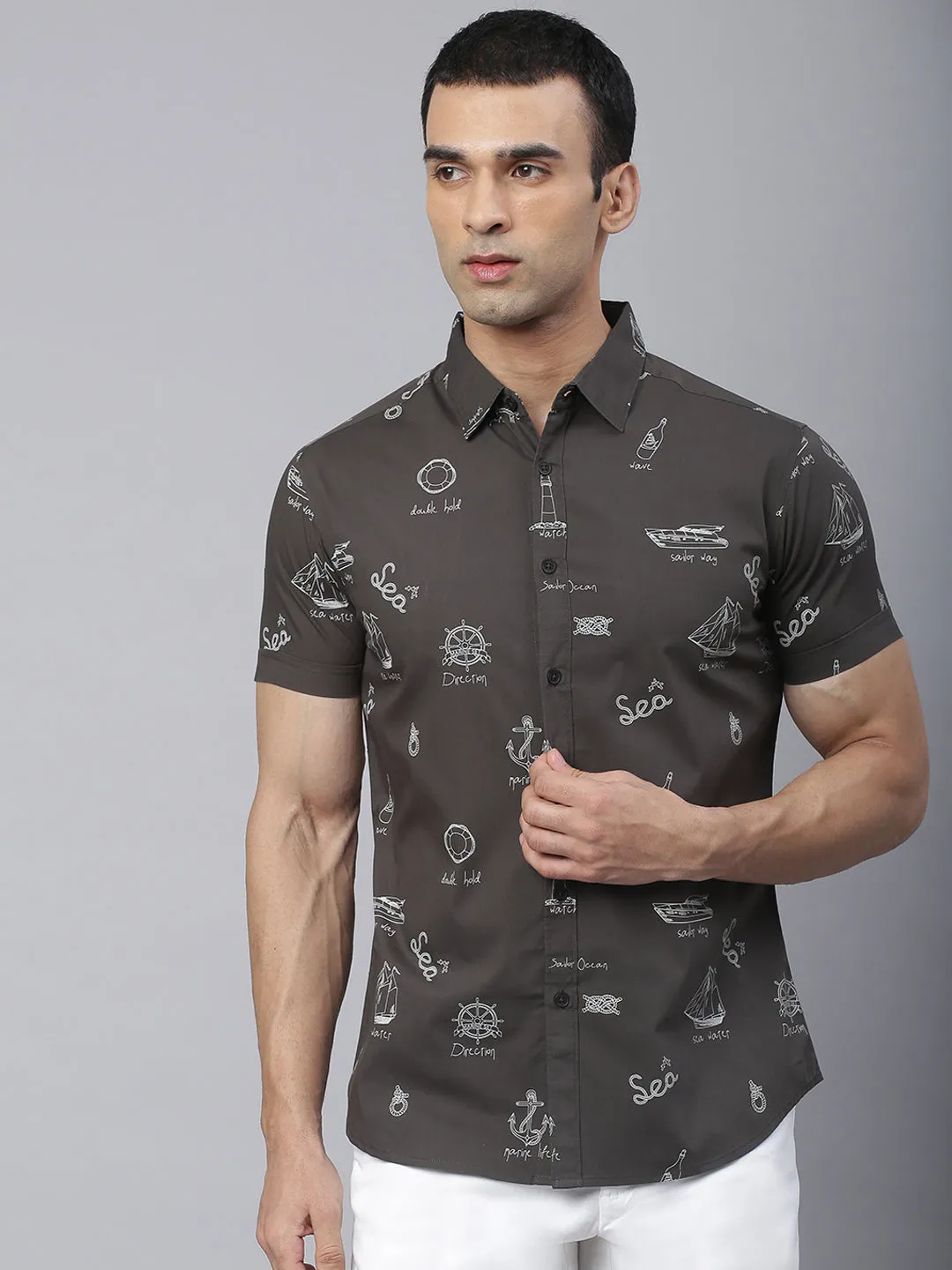 Men's Abstract Print Slim Fit Half Shirts (Green)
