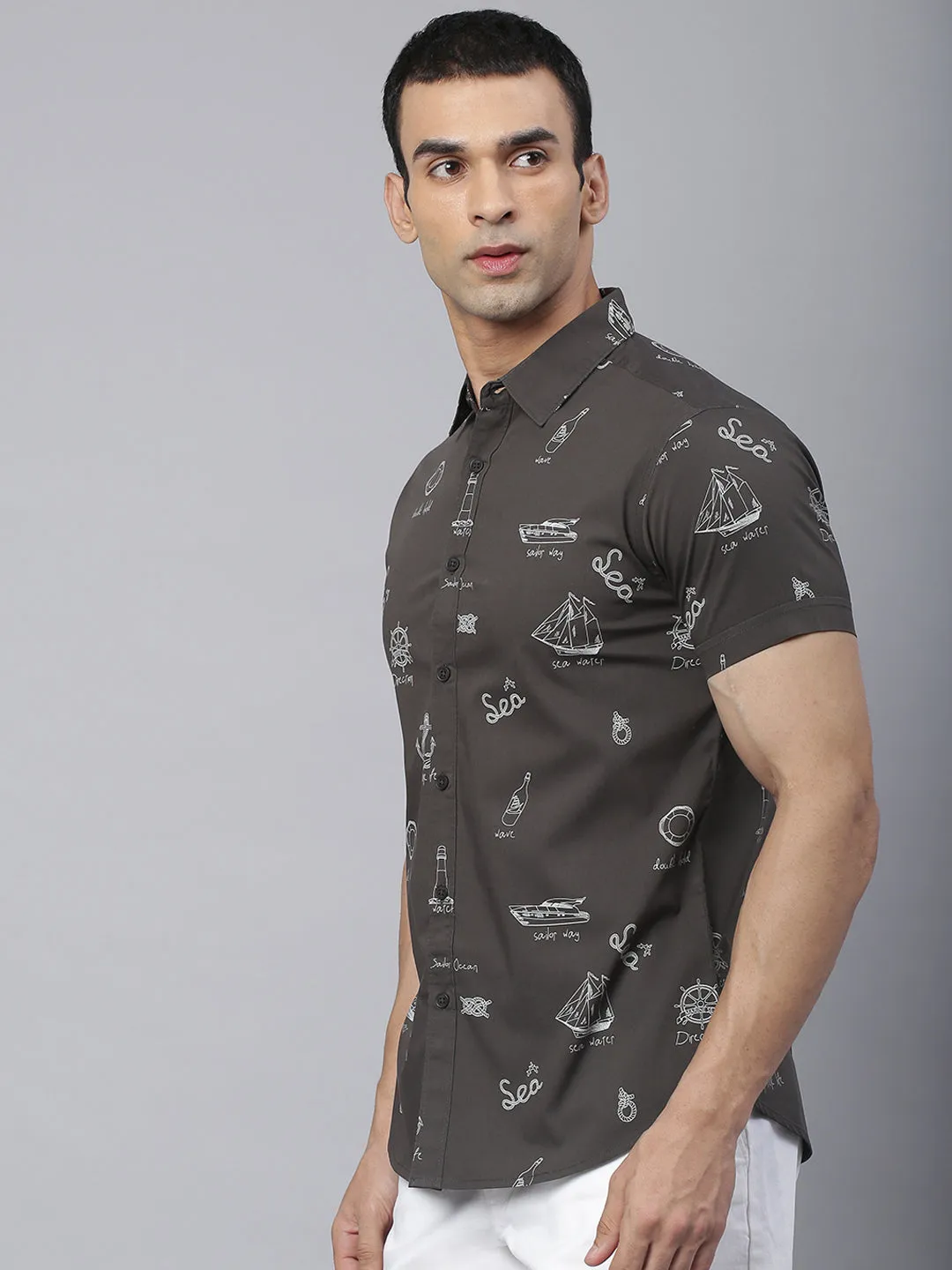 Men's Abstract Print Slim Fit Half Shirts (Green)