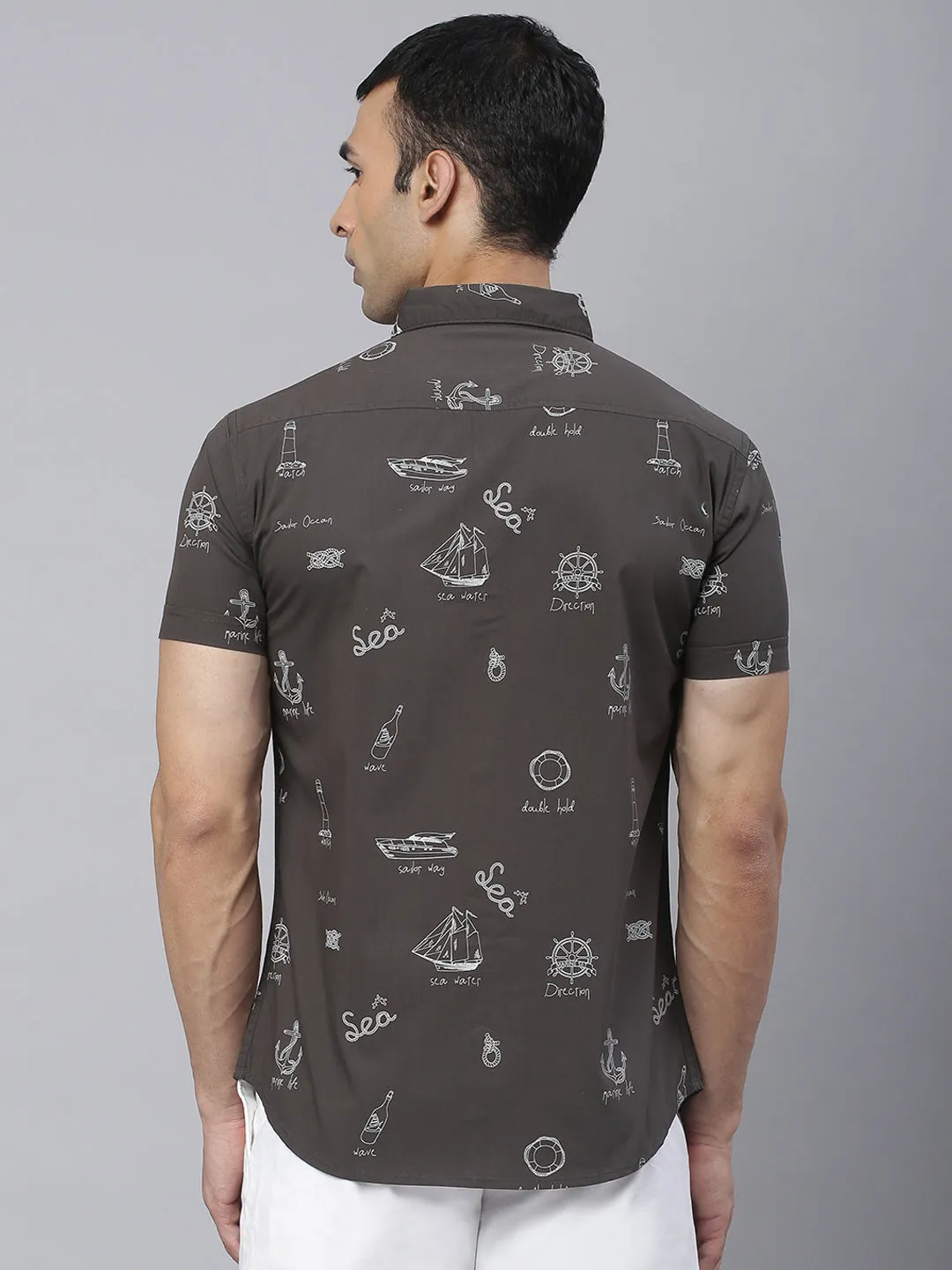 Men's Abstract Print Slim Fit Half Shirts (Green)