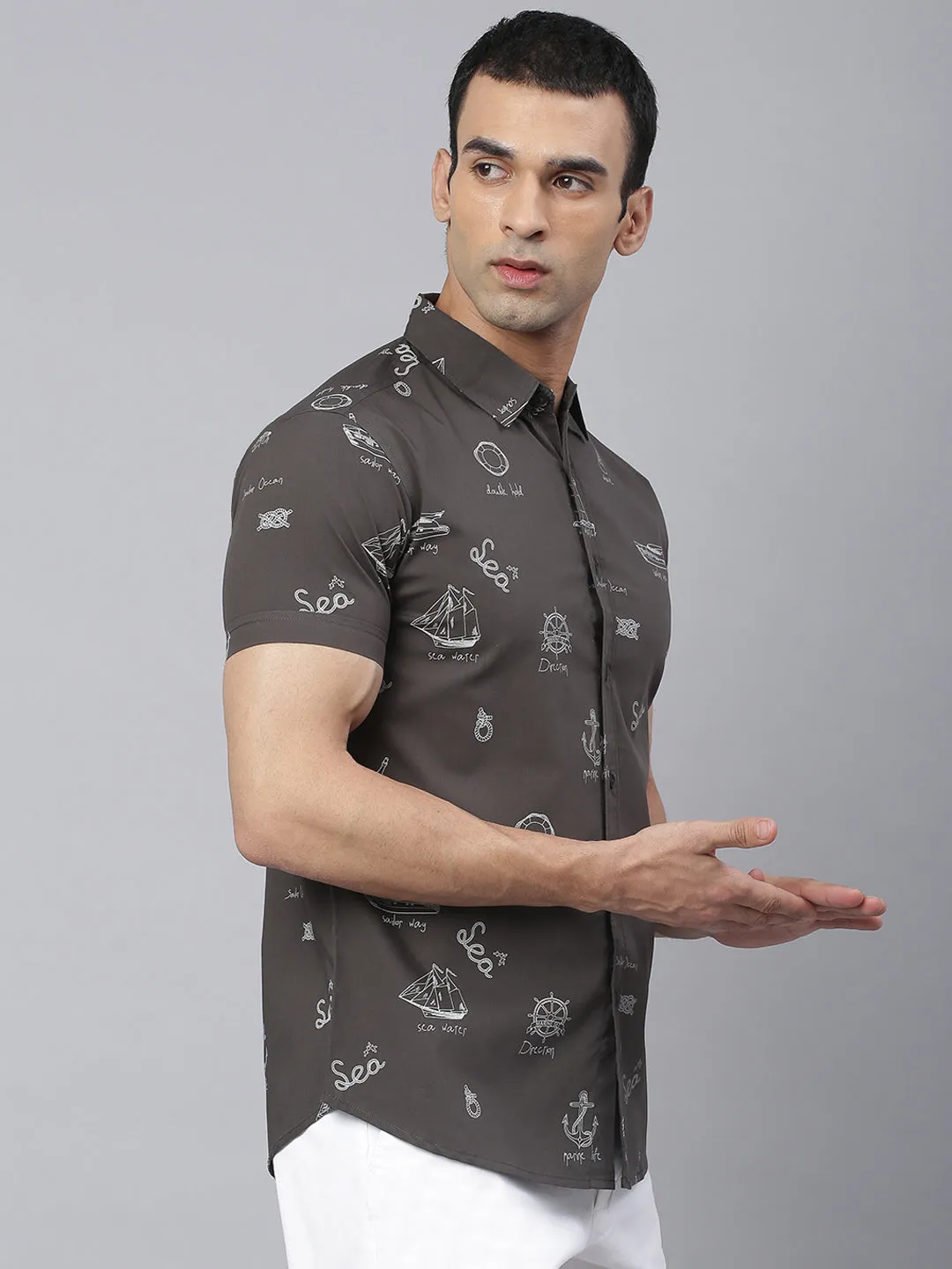 Men's Abstract Print Slim Fit Half Shirts (Green)