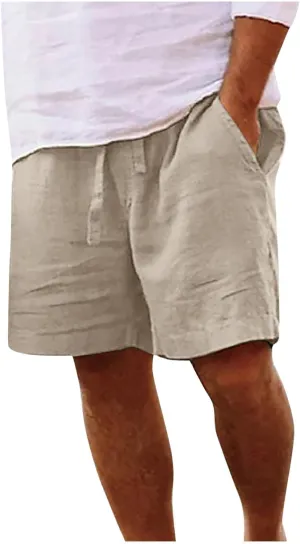 Men's Cotton Linen Shorts Drawstring Casual Loose Fit Breathable Summer Lightweight Work Beach Sweatpants with Pockets