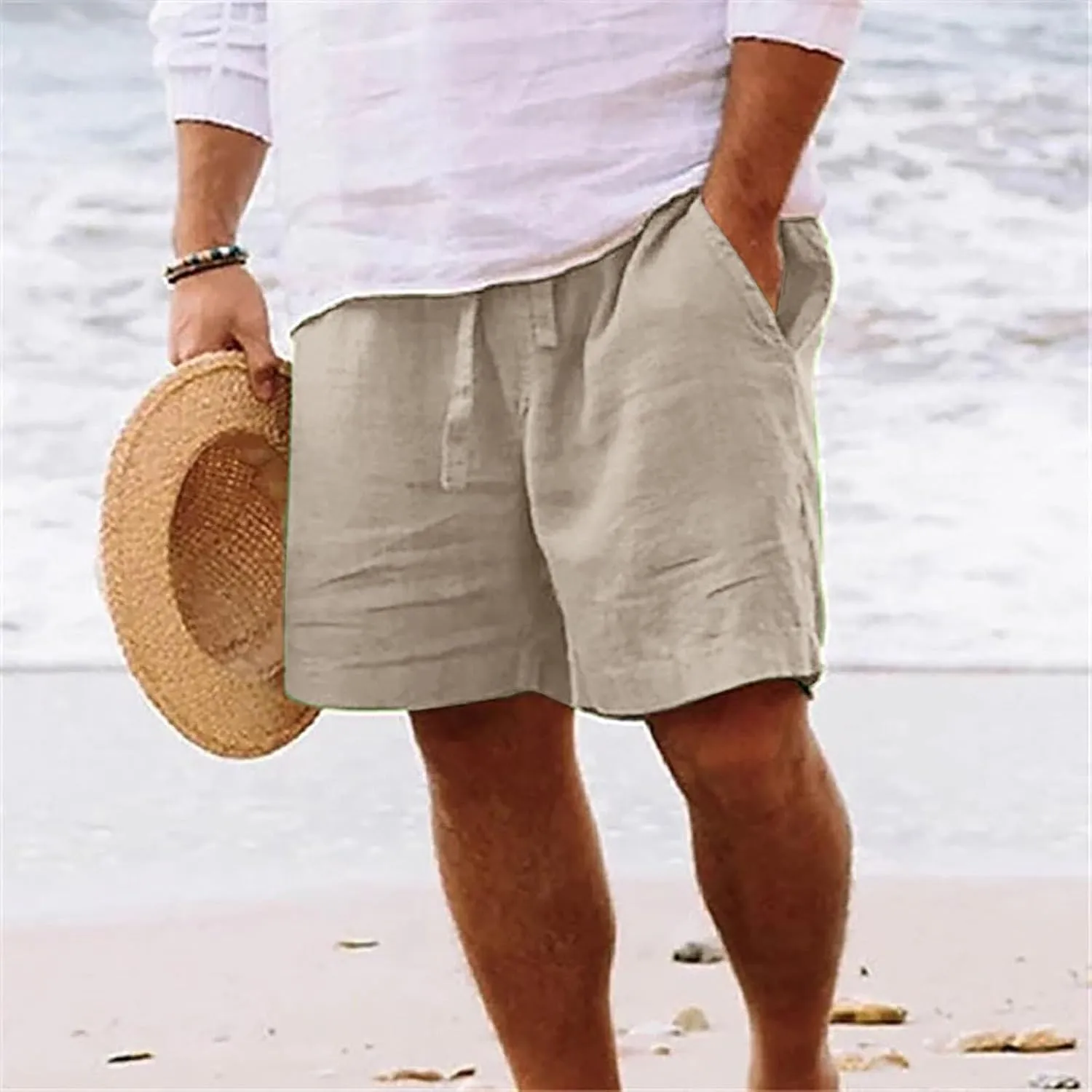 Men's Cotton Linen Shorts Drawstring Casual Loose Fit Breathable Summer Lightweight Work Beach Sweatpants with Pockets