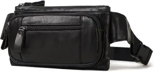 Men's Genuine Leather Waist Bag Multi-Pocket Fanny Pack, Vintage Crossbody Chest Bag, Travel Shoulder Pouch with Adjustable Strap,Metal Zipper (Black)