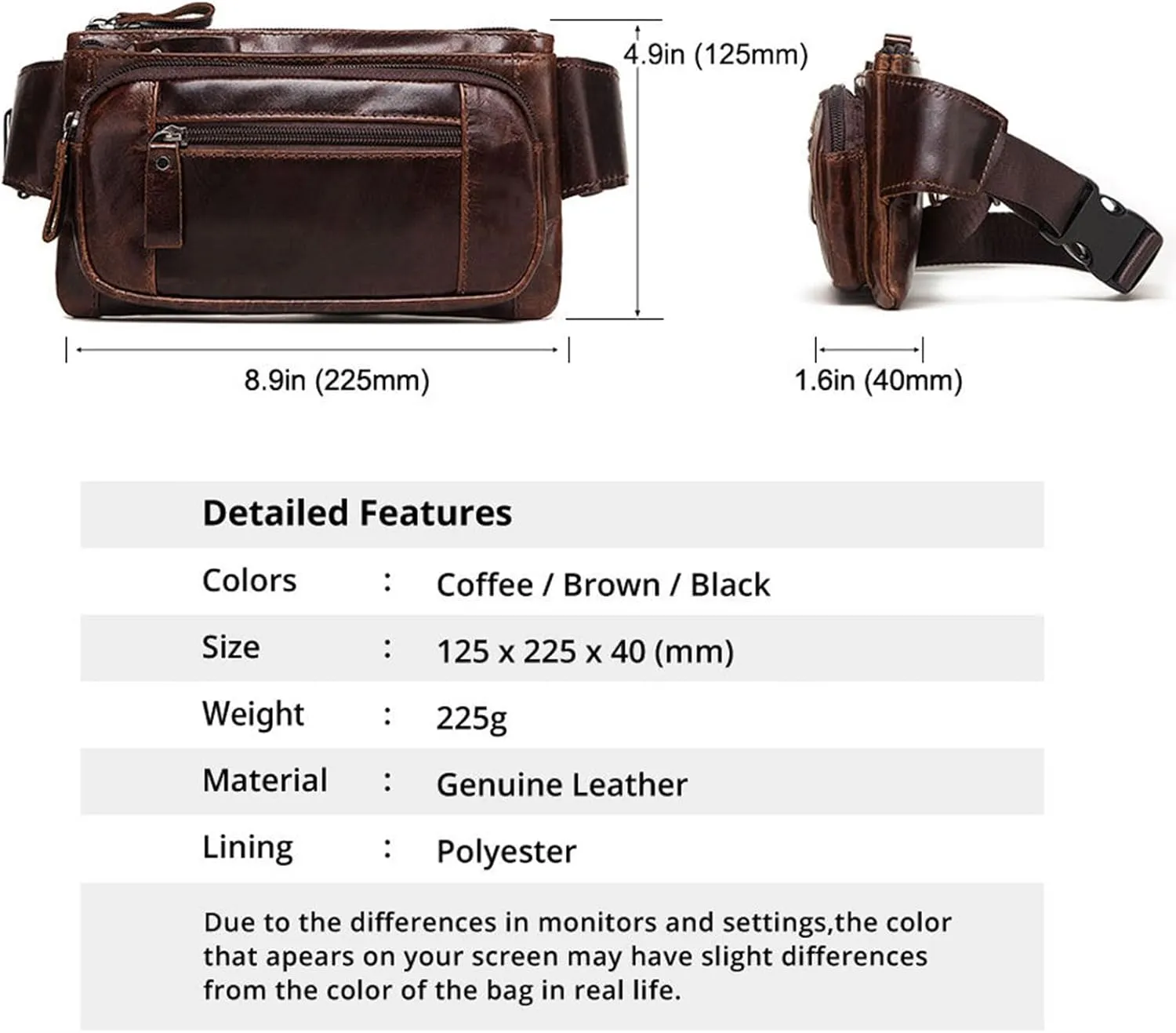 Men's Genuine Leather Waist Bag Multi-Pocket Fanny Pack, Vintage Crossbody Chest Bag, Travel Shoulder Pouch with Adjustable Strap,Metal Zipper (Black)