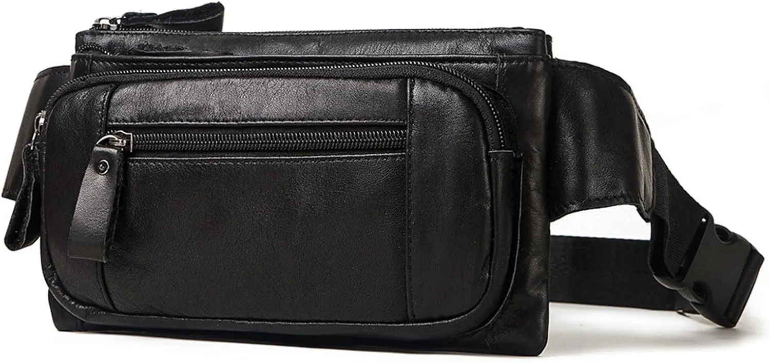 Men's Genuine Leather Waist Bag Multi-Pocket Fanny Pack, Vintage Crossbody Chest Bag, Travel Shoulder Pouch with Adjustable Strap,Metal Zipper (Black)
