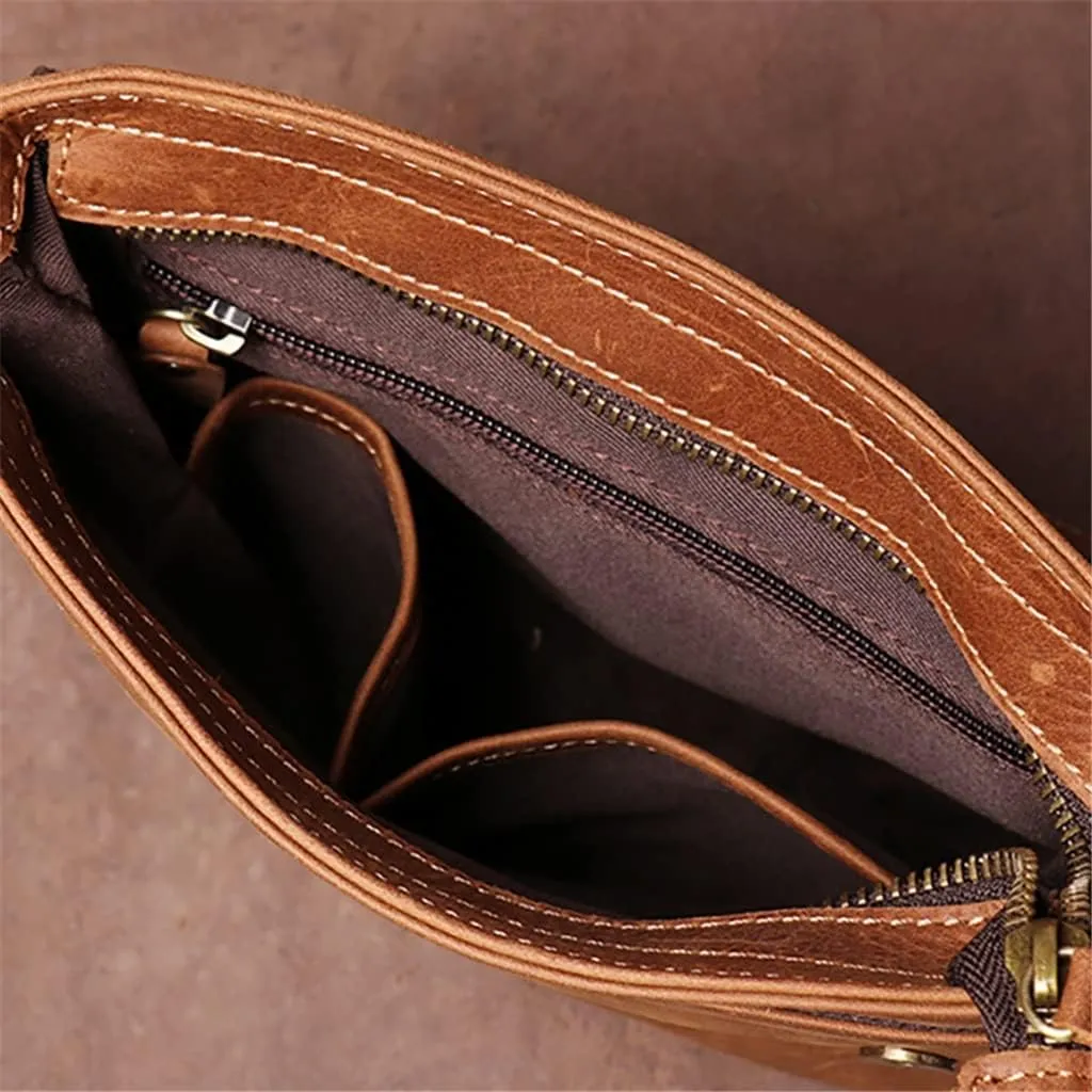 Men's Handmade Vintage Leather Bag Casual Leather Shoulder Bag Standing Versatile Crossbody Bag for 8"